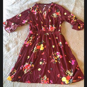 Deep Red Floral Ruffle 3/4 Sleeve Skater Dress